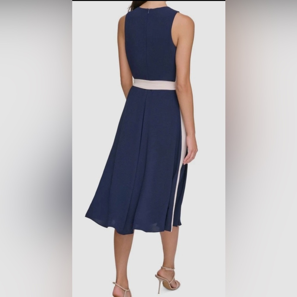 DKNY Women's Navy Blue & Cream Sleeveless Tie-Waist A-Line Midi Dress (Size 12) - Picture 2 of 14